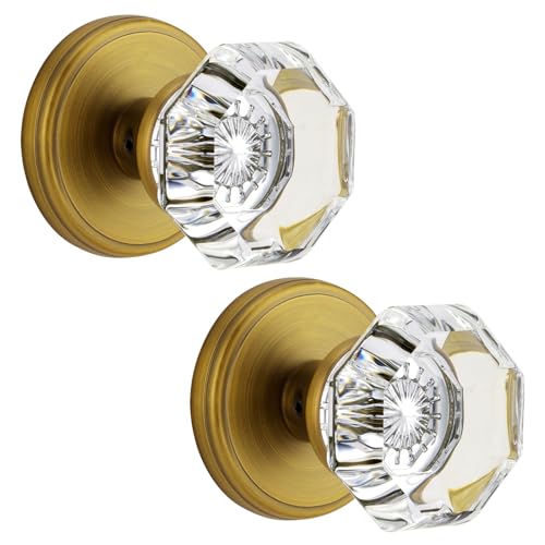 CLCTK Antique Brass Crystal Glass Dummy Door Knob, Bifold Closet Door Knobs Round Dummy Door Handles Non-Turning Single Side, 2 Pack