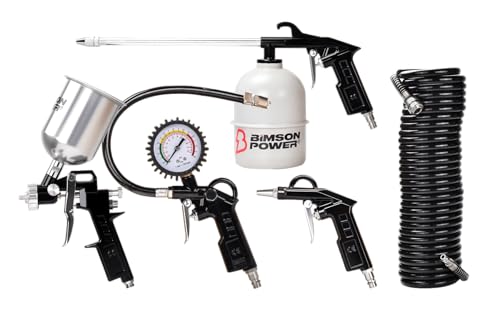 Bimson Power Gravity Spray Gun Kit – 5 Piece Air Tool Set with Tyre Inflator, Air Blow Gun, Wash Gun & 5m Hose – Compatible with Air Compressors – Ideal for Car, Fence, Decking, DIY & Workshop