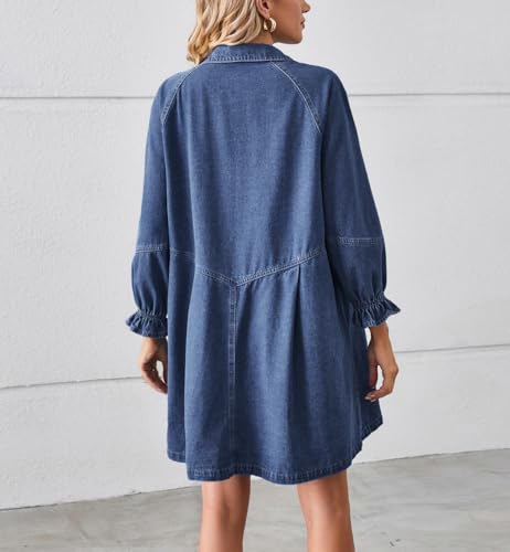 chouyatou Women's Button Down Denim Shirt Dress Lantern Long Sleeve Tiered Baydoll Jean Mini Dress3