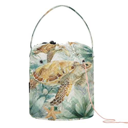 Image of ElliTarr Crochet Bag Yarn Bag with Handle Portable Knitting Project Bag Travel Yarn Storage Organizer Holder Case Sea Turtle Starfish Plants