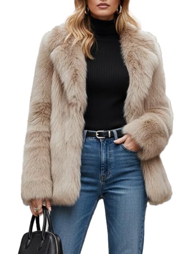 Connomax Women’s Soft Taupe Faux Fur Oversized Coat, Long Sleeve
