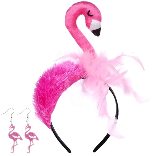 Flamingo Kostüm Damen, Flamingo Haarreif+Ohrringe, Accessoire Flamingo, Rosa Haarreif Fasching, Karneval Kopfschmuck Damen, Tropischer Haarreifen...