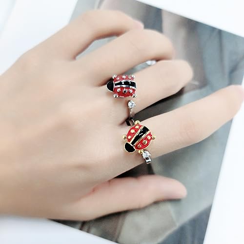 OIDIMS Rotatable Ladybug Ring Silver Anti Fidget Spinner Anxiety Rings Adjustable Open Statement Stress Relief Stackable Rings Crystal Wedding Jewelry Xmas Cute CZ Gifts for Women(Gold)3