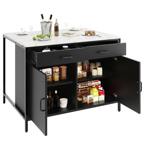 vutizal Table de bar de cuisine réglable en hauteur avec plateau en marbre noir - îlot de cuisine mobile avec 2 tiroirs, comme bar à café et plan de travail (hauteur réglable de XX à XX cm, dimensions – vue 8