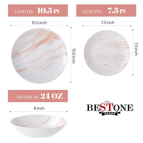 Image of Bestone 12 Pieces Round Kitchen Dinnerware Sets,Plates and Bowls sets,Dishes, Plates, Bowls, Dish Set,Plates and Bowls,Service for 4, Orange and White Marble