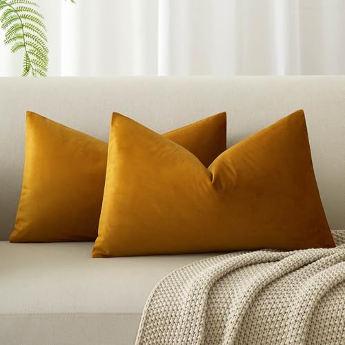 Image of 12x20 Decorative Lumbar Velvet Throw Pillow Covers Set of 2,Mustard Yellow | JUSPURBET Cozy Soft Velvet Pillowcases with Invisible Zipper for Modern Couch Sofa Bed Living Room Bedroom Home Decor