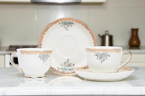 Image of Fine Bone China White Gold Cups and Saucer with Golden Line, 180 ml Tea Cup Set of 6 Cup and Saucer Set for Tea Milk & Coffee Chai, Teacup Set