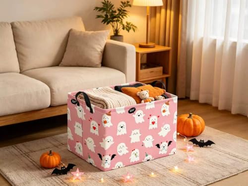 Image of Halloween Basket Cute Baskets for Kids Pumpkin Basket Rectangular Storage Bin Organizer Box Room Decor(Pink Ghosts)
