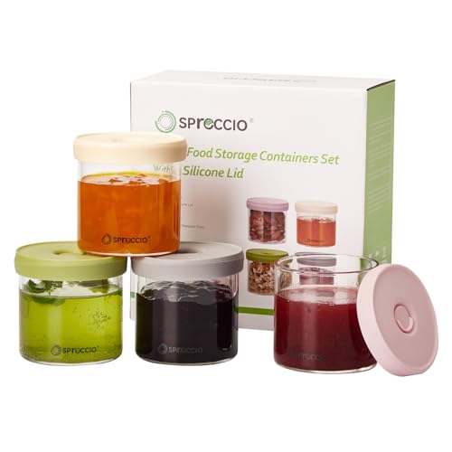 Image of Spreccio Glass Food Jars - Airtight Dressing Containers with Lids, Perfect for Sauces, Overnight Oats, and Baby Food Storage, Small Glass Jars with Lids, 10oz Pack of 4