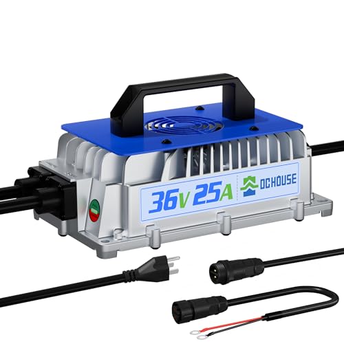 DC HOUSE 36V 25A Lithium Battery Charger, 900W Fast Charger, Charging Efficiency ≥ 93%, Waterproof Anti-Fall with Cooling Fan, Suitable for 36V Golf Cart,Trolling Motor, Forklift LiFePO4 Battery