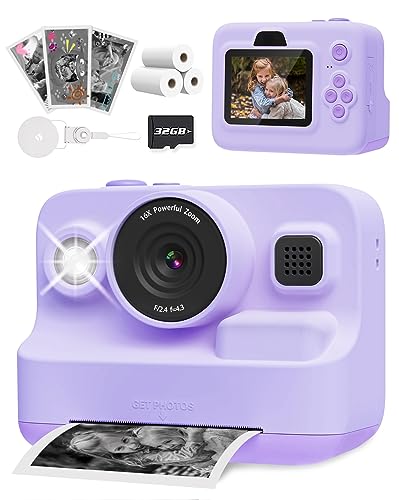 Anchioo Instant Camera Toys for Ages 3-12 Girls Boys Birthday Party Gift Ideas-2.4 inch IPS Screen Kids Digital Camera Zero Ink Photo Printer With 1080P Video Recorder 32GB SD Card 3 Paper Roll-Purple