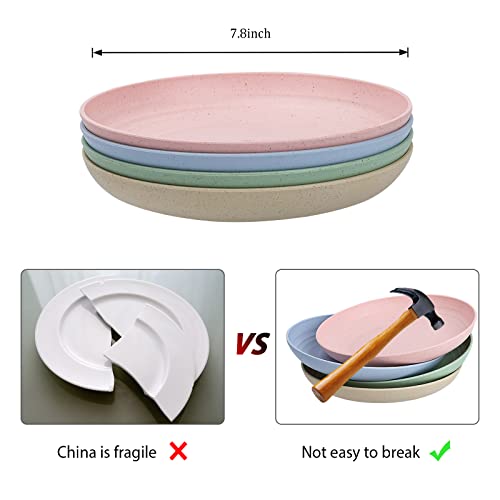 Loirta Wheat Straw Plates 7.8” Round Unbreakable Dinner Plates Lightweight Microwave Safe Plates For Kids Adults Travel Camping, 4 Pack #TOP1