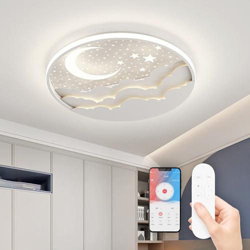 AHXIAOZN LED Kinder Deckenlampe, Stern Mond Deckenleuchte Mit Fernbedienung, Kinderzimmer Dimmbar Deckenleuchten, Kinderzimmer Schlafzimmer Lampe für Schlafzimmer Küche Esszimmer(Weiß)