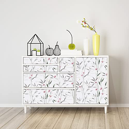JOLIHOME White and Grey Wallpaper Vintage Leaf and Flower Peel and Stick Contact Paper Green and Pink Wall Sticker Sticky Back Plastic Vinyl Film Rolls for Bedroom Kitchen Waterproof 44.5x500cm - Image 4