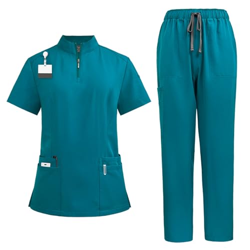 Meichoon, uniformes médicos, cuello en V, cremallera, 4 bolsillos, pantalones elásticos, suaves, de secado rápido, para mujer, uniforme médico DK50Lake Blue XL