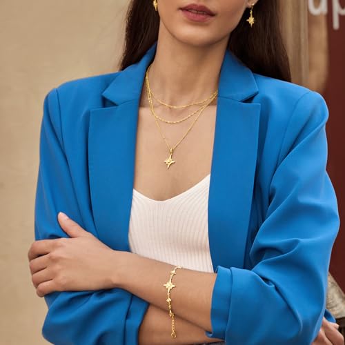 Cicy Bell Womens Four Point Star Layered Necklaces 18k Gold Plated Stackable Pendant Necklace Cubic Zirconia Long Necklace Sets Good Luck Trend Jewelry Gift4