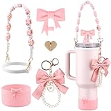 Stanley Cup Accessories Set,Bow Straw Cover, Water Bottle Handle Strap, Siliocne Cup Boot, Pearl Charms, Straw Topper for 40oz & 30oz Stanley Tumbler for Women (Pink)