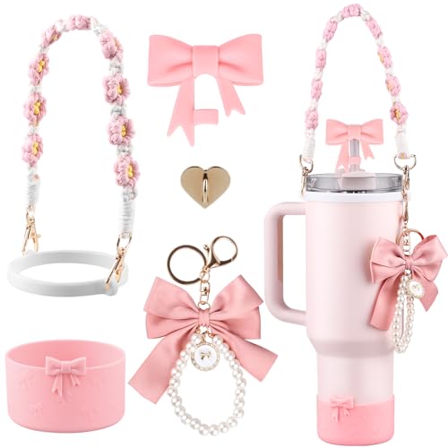 Stanley Cup Accessories Set,Bow Straw Cover, Water Bottle Handle Strap, Siliocne Cup Boot, Pearl Charms, Straw Topper for 40oz & 30oz Stanley Tumbler for Women (Pink)
