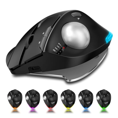 Ratón Trackball Inalámbrico,Raton Inalambrico,Raton Ergonomico,Bluetooth o 2,4 GHz con Receptor USB unificador,5 dpi ajustáveis,8 Botones y 4000DPI, ratón óptico de PC con luz RGB