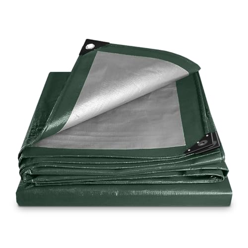 Green-Silver Tarpaulin Sheet Cut-Size 2m x 3m Mediumweight PE Plastic Tarp 140gsm Water-Resistant Ground Sheet Multipurpose Tarpaulin Covers used for Garden Furniture Shed Camping (6ft x 10ft)