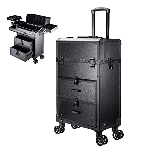 Maletín de maquillaje – Organizador de carrito de cosméticos con construcción de aluminio – triple almacenamiento para viajes y uso profesional, negro 1