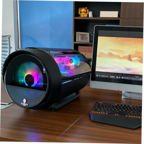 Gabinete de PC OSALADI Matx con iluminación RGB, diseño panorámico redondo, negro, con soporte para refrigeración líquida y uso para oficina en casa y juegos miniatura 4