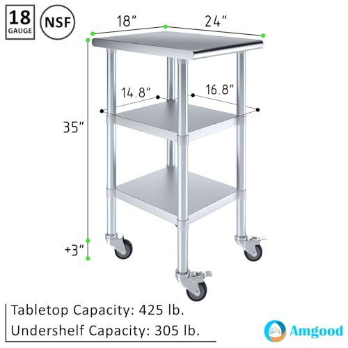 Image of AmGood Stainless Steel Work Table with 2 Shelves and Casters | Metal Utility Table On Wheels (Stainless Steel Work Table with 2 Shelves + Casters, 18 inch Long x 24 inch Deep)