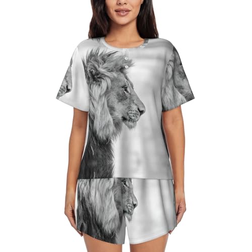 Pyjama court lion femme avec poches ensemble fluide col rond