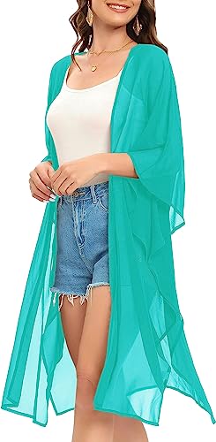Image of Indian Trendy Women's Solid Puff Sleeve Kimono Long Cardigan Loose Cover Up Casual Blouse Top Chiffon