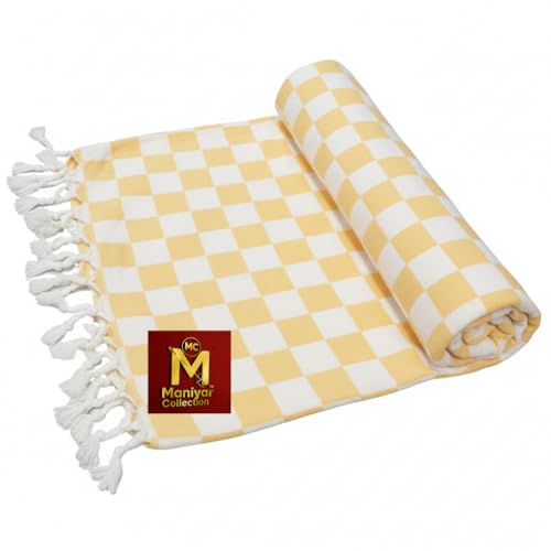 Image of Handloom Bhagalpuri Cotton Silk Mix Dull Andi 3D Checked Chadar - Soft Grey Comforter & Odhnewali Blanket for All-Season Sleeping - (220x125cm - Size) (Yellow)