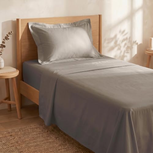 Image of Huesland Luxury 300 TC Pure Cotton Sateen Weave Single Bedsheet Set - Soft, Durable & Stylish | Vintage Khaki | 88 x 55 inches