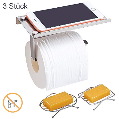 Preisvergleich Produktbild Toilettenpapierhalter Ohne Bohren mit Ablage, Selbstklebend Klopapierrollenhalter, 3 Stück Edelstahl WC Rollenhalter mit Seifenhalter, Klopapierhalter Papier Halterung Wandmontage für Küche Badzimmer