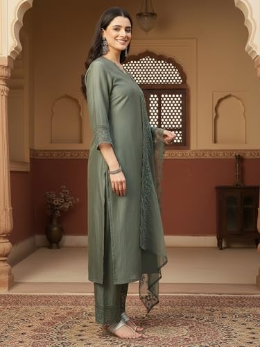 Image of FABIAN FASHION Women's Maroon Straight Kurta Palazzo Pant with Organza Dupatta Set Festive Ethnic Wear(ES 2537)