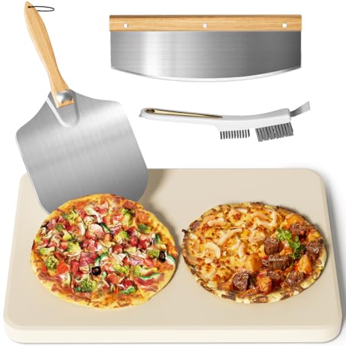Gyreuni 4 PCS Rectangle Pizza Stone Set 20 Large Pizza Stone for Oven and Grill with Pizza Peel Pizza Cutter & Brush Baking Stone for Pizza Bread BBQ