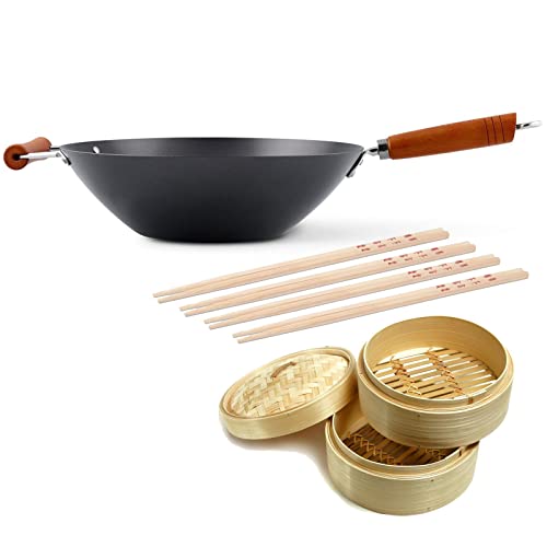 Ken Hom großer Antihaft Wok 35 cm aus Karbonstahl mit Holzgriff - Set inkl. Dampfkorb Ø 20 cm & 8 Stäbchen - Wokpfanne ohne Induktion