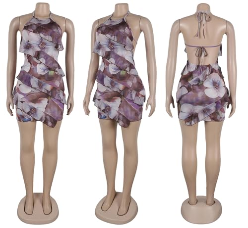 Image of Yuopeid Women's Sexy Halter Neck Backless Printed Mini Dress Floral Layered Ruffle Bodycon Short Party Dress