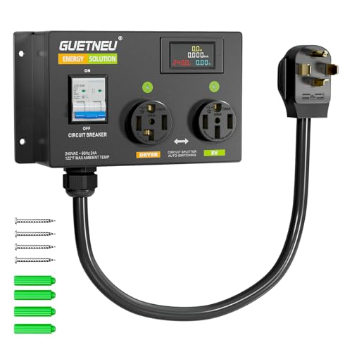 NEMA 14-50R (4 Prong) Dryer Splitter with Breaker -Rated for 24A Max 240V Dryer Splitter for EV NEMA 14-30 to 14-50 Auto Switch for Dryer & EV Fast Charge for 2 EVs Prioritizing Left-Side Power Supply