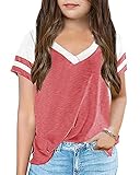 Kids Tops V Neck Short Sleeve Summer Tshirts Girls Color Block Side Split Loose Athletic Tees Rose Red