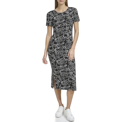 Andrew Marc Sport Womens Short Sleeve Printed Midi Dress with Slits, Black-White Floral, Medium