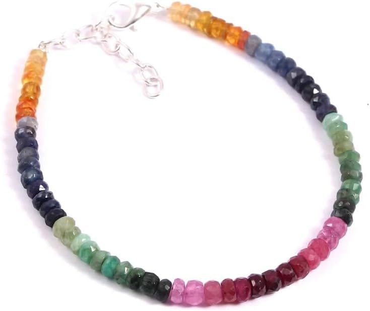 AAA++ Quality, Natural Multi Sapphire Emerald Ruby Gemstone Facet Bead Bracelet 7 Inch, 4.5 to 5 mm
