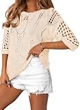 EVALESS Sweaters for Women Crochet Tops Summer 3/4 Sleeve Crochet Hollow Out Knit Tops Beach Cover Ups Womens Clothes Fashion 2026 Cruise Outfits, Apricot Large