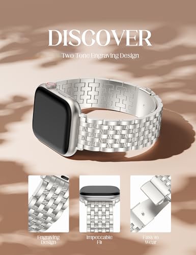 Image of W-RARA Compatible with Apple Watch Band 38 /40 /41 /42 /44 /45 /46 /49mm Women Men, Dressy Stainless Steel Seven-link Horizontal Texture Metal Strap for iWatch Series 11 10 9 8 7 6 5 4 SE Ultra 3 2 1