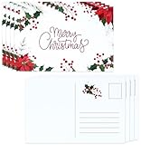 Gift Boutique - 50 Pack Merry Christmas Greeting Cards Postcards 4' x 6' Holiday Post Cards Poinsettia with Holly Berry Design Winter Blank Note Card for Kids, colleagues, friends, Thank You Notes