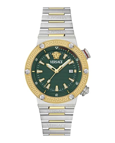 Versace Greca Logo Diver Collection Luxury Mens Watch Timepieces with a Two Tone Bracelet and Case Featuring a Green Dial
