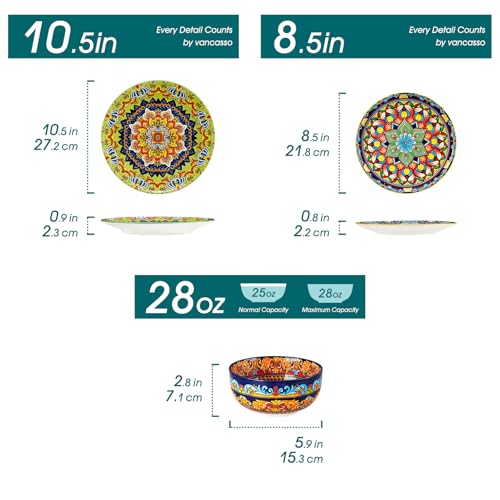 Image of vancasso 18-Piece Dinnerware Sets,Ceramic Plates and Bowls Sets Service for 6, Bohemian Style Porcelain Dishes Set for 6, Microwave and Dishwasher Safe, Scratch Resistant,Non Toxic, Series KRVI