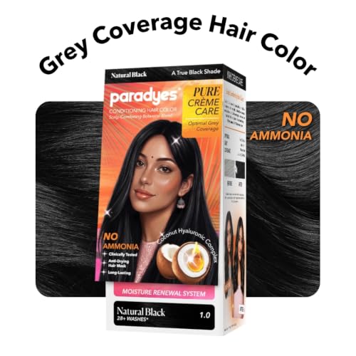 Image of Paradyes Pure Creme Care No Ammonia Hair Color Natural Black 1.0 | Long-Lasting Creme Formula | Grey Coverage | Coconut Milk + Almond Oil + Hyaluronic Complex | Smooth & Shiny Finish | 120g+40 ml