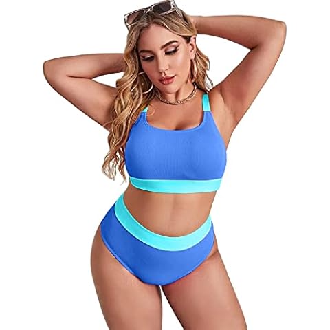 ZINPRETTY Plus Size High Waisted Bikini Set Womens Swimsuit Cheeky Two Piece Sports Color Block Bathing Suit Large Bust Cover