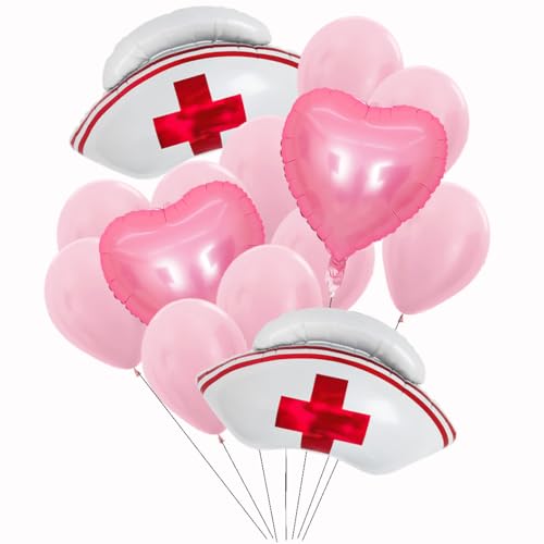 ScHaan 14pcs Nurse Cap & Heart Balloons, Nursing School Graduation Party Decorations, Reusable, Professional Design, Includes 10m Ribbon & Inflatable Straw