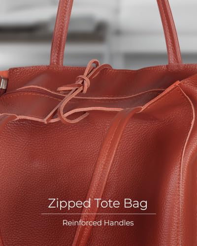 Image of Genuine Italian Leather Tote Bag for Women, Large Slouchy Purse, Terracotta | Unstructured bag, raw unlined interior with zip pocket, top zipper, side ties, folds flat, fits a 16-inch laptop, lightweight