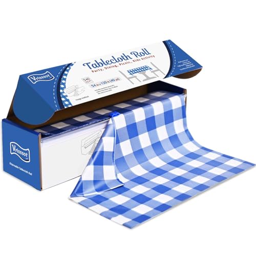 Vrisssot Disposable Blue Checkered Plastic Table Cover Roll 54in X 120ft - Heavy Duty Waterproof Tablecloth with Easy Slide Cutter for Parties, Picnics & Outdoor Gatherings